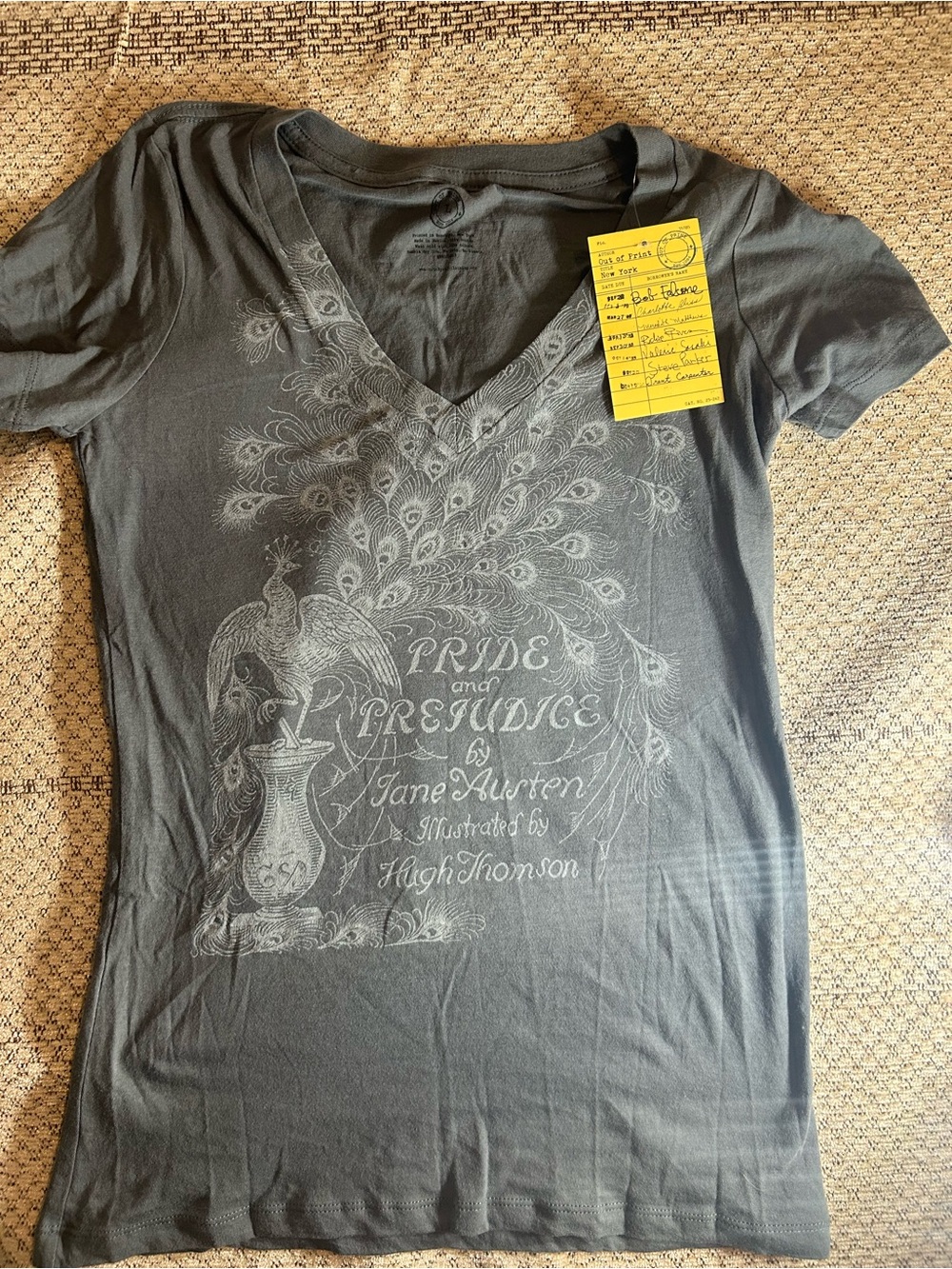 Out of Print Charcoal V-Neck Pride and Prejudice Peacock Tee
